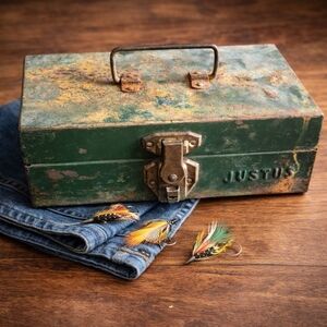 Vintage Justus Metal Tool Box Green Rustic Patina Industrial Storage Cabin Decor